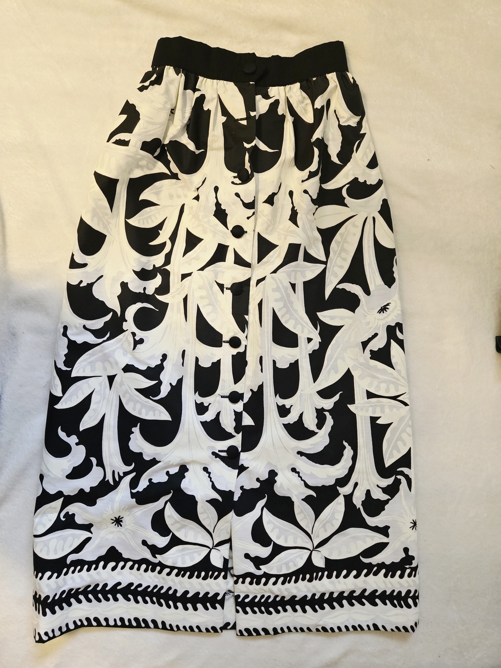 Vintage Black & White Botanical Maxi Skirt with Button Front